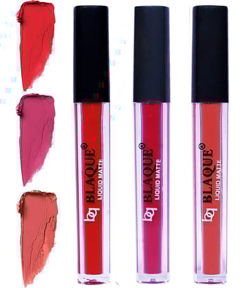 bq BLAQUE Matte Liquid Lipstick Combo of 3 Lip Color 4ml each, Waterproof - Orangish Red, Fuschia Pink, Dark Coral
