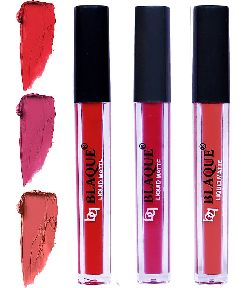 bq BLAQUE Matte Liquid Lipstick Combo of 3 Lip Color 4ml each, Waterproof - Orangish Red, Fuschia Pink, Dark Coral
