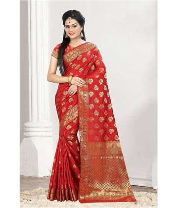 Gazal Fashions Banarasi Silk Printed Saree With Unstitched Blouse Piece ( Red )