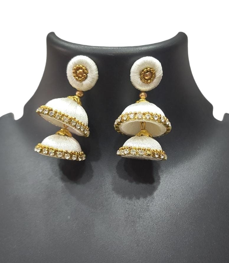 White Silk Thread Jhumka Earrings with Stone and Pearl Embellishment