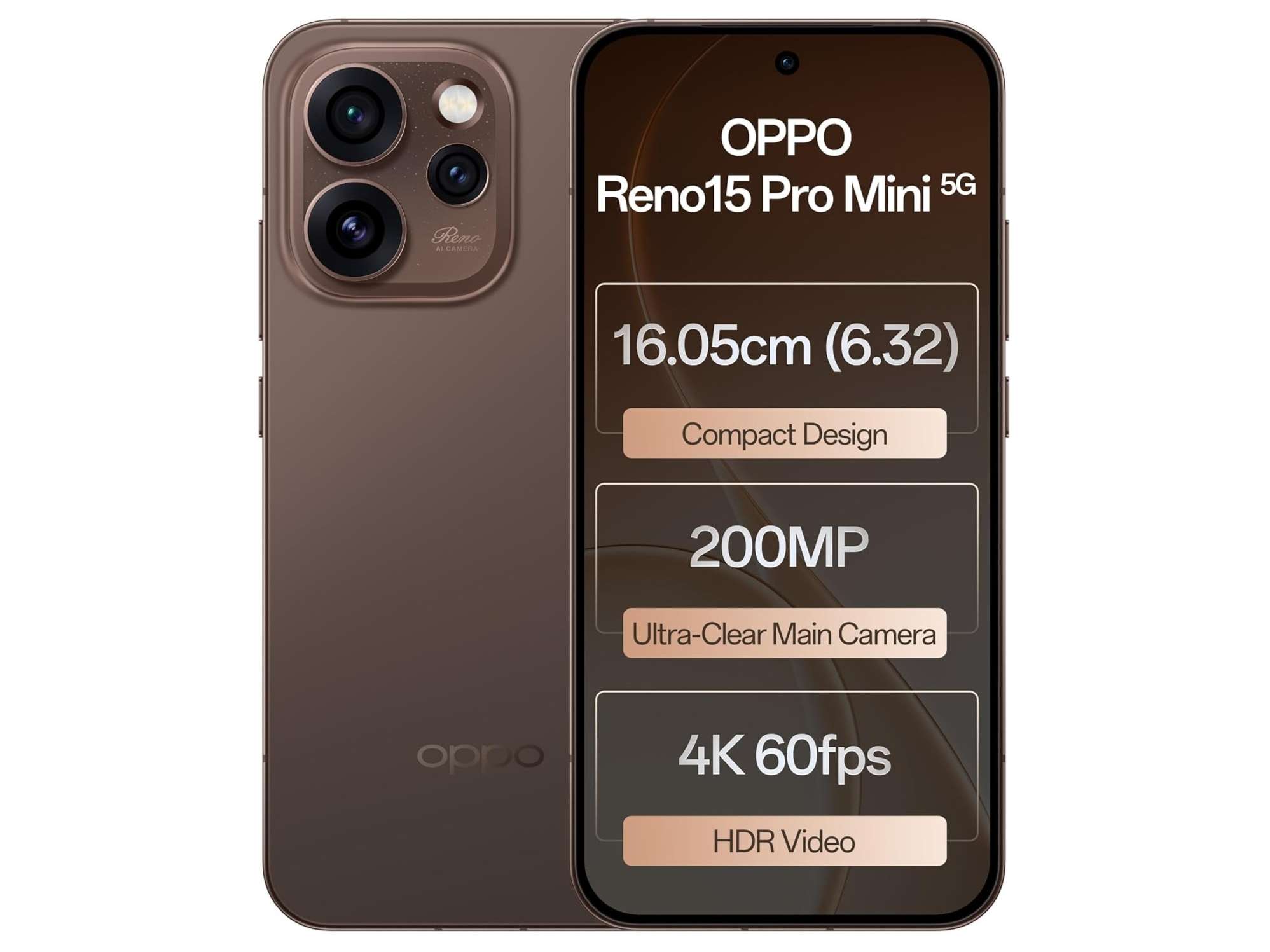 Oppo Reno 15 Pro Mini 5G Smartphone, 12GB RAM, 256GB Storage, Elegant Design - Cocoa Brown