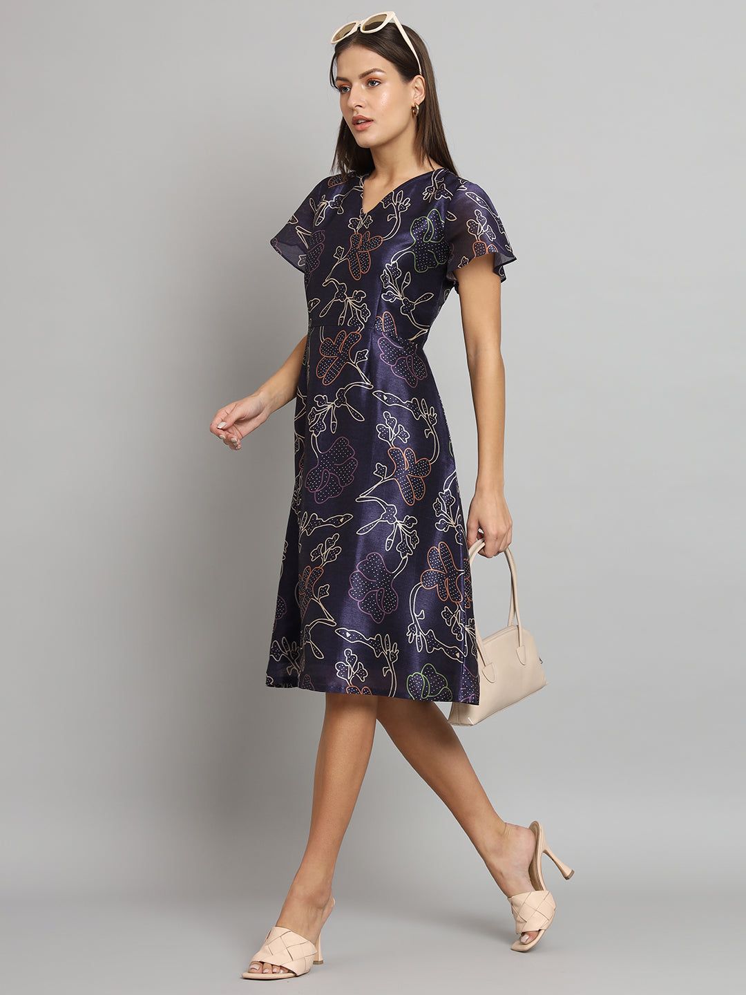 Printed Silk A-Line dress- Blue-XS