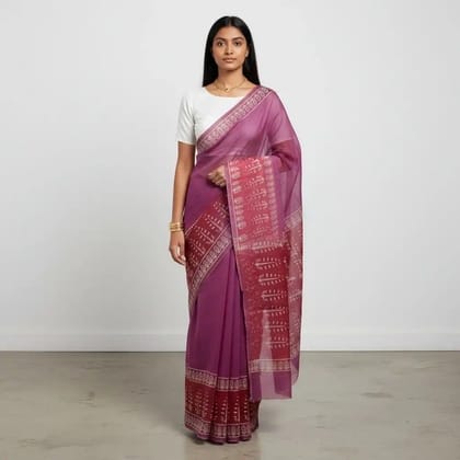 Kota Doria Block-Print Cotton-Silk Saree in Plum Purple, with Blouse