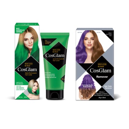 COSGLAM Semi Permanent Hair Color Emerald Green 120g and Hair Color Remover 70ml, Switching Shades Made Easy