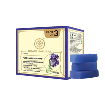 Khadi Natural Lavender Soap | Bathing Bar with Essential Oils | Gently Cleanses, Helps Relieve Stress | For Healthy, Soft Skin | Suitable for All Skin Types | Pack of 3 (125g x 3) | 375g Khadi Natural Lavender Soap | Bathing Bar with Essential Oils | Gen