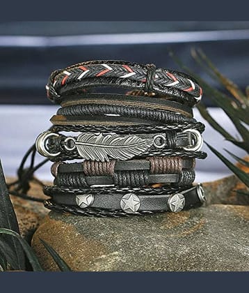 ZIVOM Stylish Feather 100% Genuine Black Leather Wraps Casual Party Wear Skin Friendly Bracelets Pack of 5 Men Boys