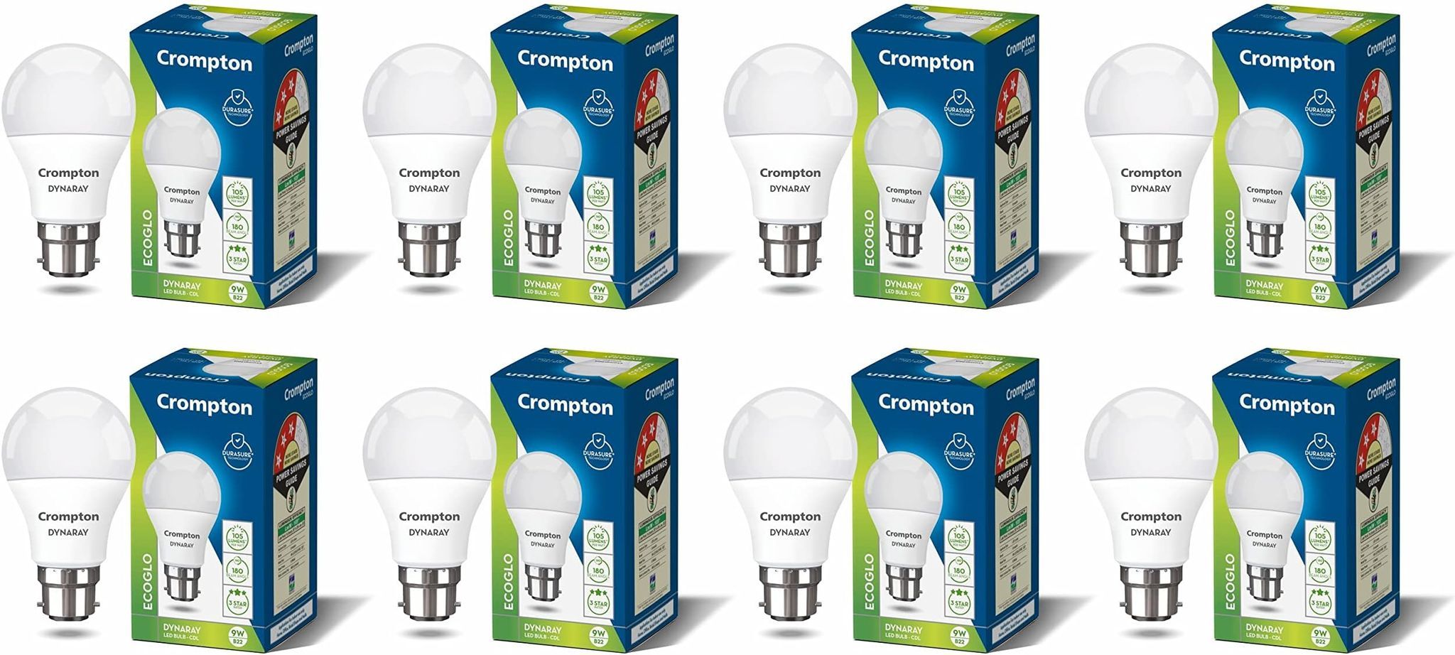 Crompton DynaRay 9W LED Bulb | B22 Base | Cool Day Light | High Voltage & Surge Protection | Pack of 8