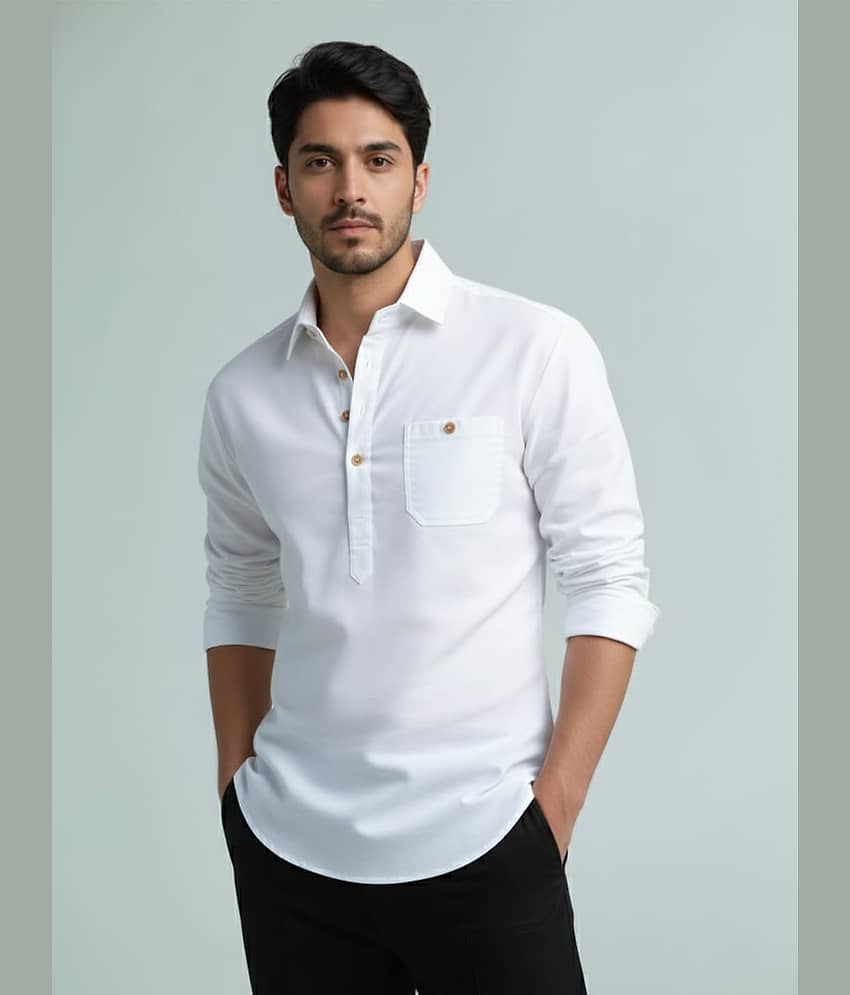 Yugnik Cotton Blend Plain Shirt Style Kurta For Men ( White )