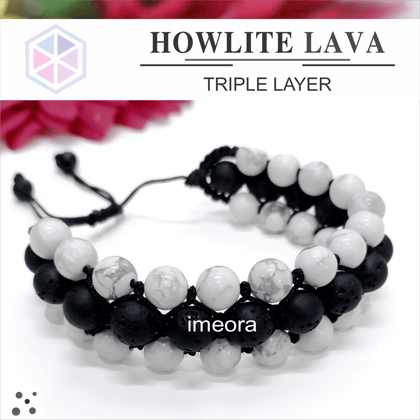 Certified Triple Layer Howlite Bracelet With Lava Stones -8mm Natural Stones