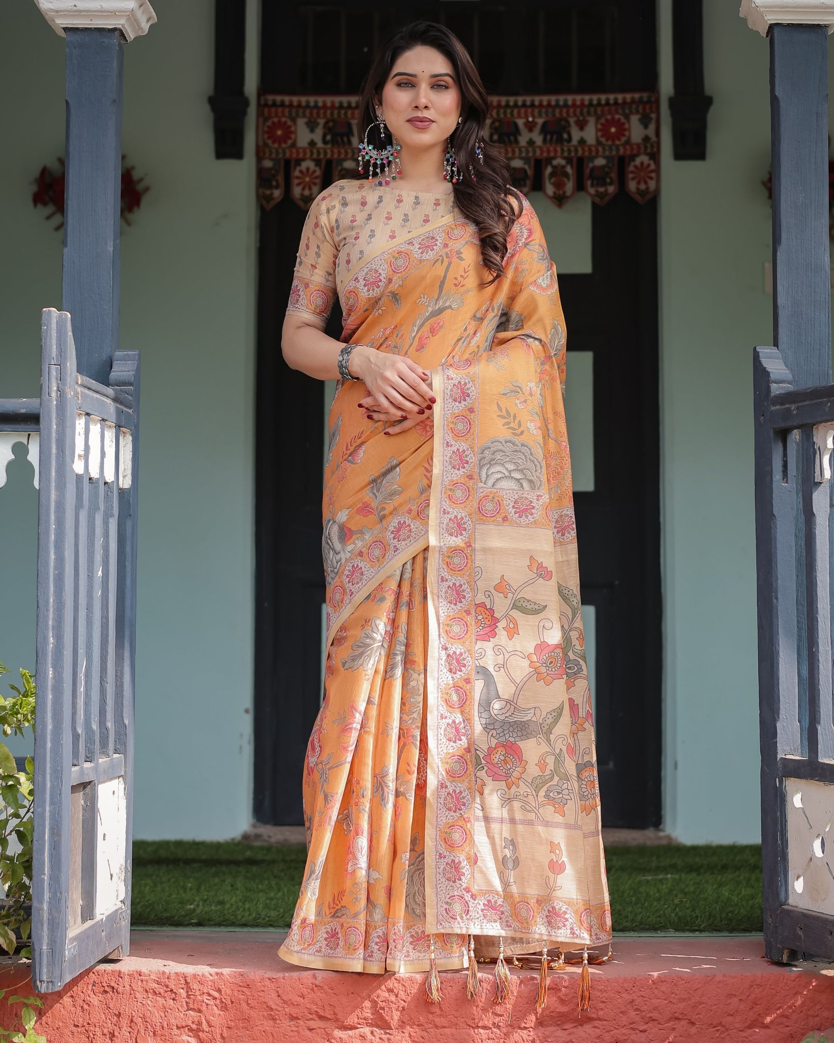 Sunny Mustard with Floral Motifs Linen Cotton Handloom Printed Saree, Delicate Borders, and Tassels-Regular