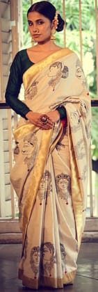 Stunning Off White colored Party wear Printed Silk Sari J-125