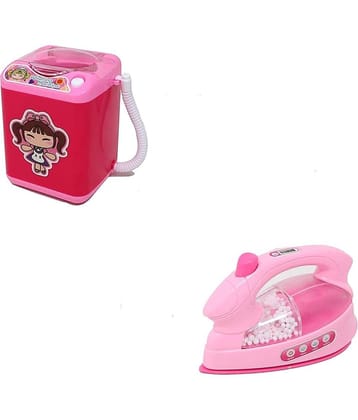 House Hold Set of 2 PCS for Girls Toy Battery Operated Plastic Home Play with Realistic Sound Working Iron Toy Vaccum Cleaning Washing Machine Toy (Multicolor)