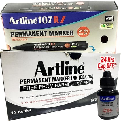 Artline 107RI Permanent Marker with ESK 15 Refillable Ink Pack of 10 (Black Colour) | For Artists, Professionals, & Students