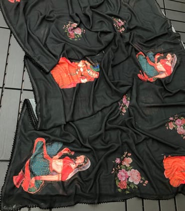 New Partywear Weightless Chiffon With Kalamkari Print n Siroski Work Fancy Designer Saree-Black
