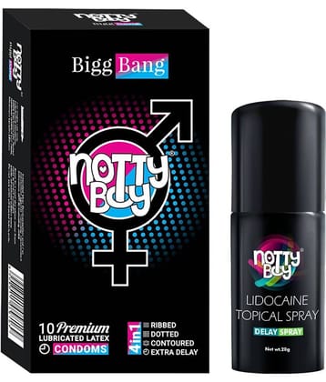 NottyBoy Long Last  Delay Spray For Men 20g, 4in1 Dotted & Ribbed Contoured Over Time Condoms - Pack of 1