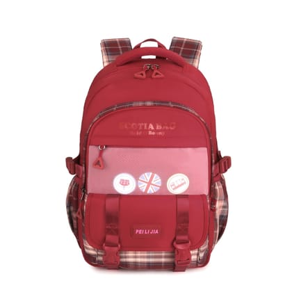 Dark Checks Backpack with Multiple Compartments, Pockets, and Side Bottle Holders: Stay Organized On-the-Go-Red