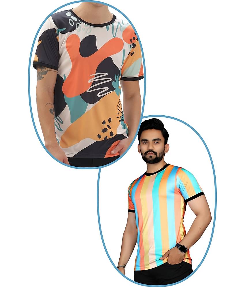 STI Polyester Regular Fit Self Design Half Sleeves Men's Round T-Shirt - Multicolor ( Pack of 2 )