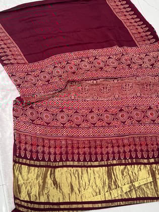 Wine Ajrakh Hand Block Modal Silk Plain Saree With Fancy Zari pallu