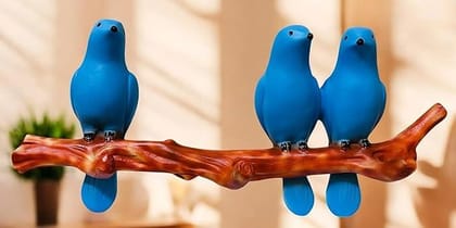 Wall Hanging Blue Bird Sculpture – Polyresin Decorative Art with 3 Birds on Branch – Cheerful Wall Accent for Living Room, Balcony, or Nursery