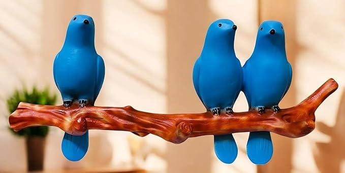 Wall Hanging Blue Bird Sculpture – Polyresin Decorative Art with 3 Birds on Branch – Cheerful Wall Accent for Living Room, Balcony, or Nursery