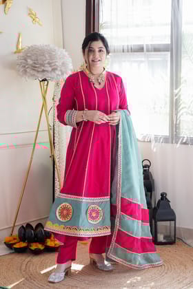 Devi Pink Anarkali Suit With Gotta Detailing-L