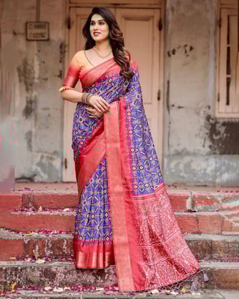 Royal Blue and Red Tussar Silk Saree with Geometric Patterns and Ornate Zari Border-Regular