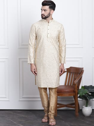 Men's Silk Blend Embroidered Gold Kurta with Gold Churidaar Pyjama-36