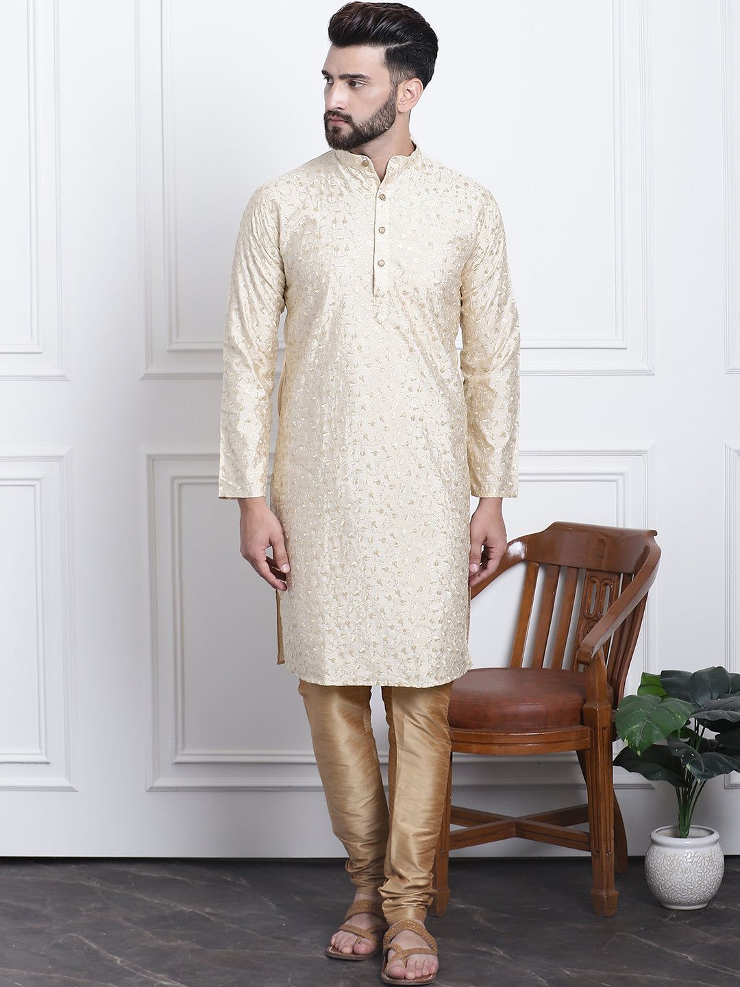 Men's Silk Blend Embroidered Gold Kurta with Gold Churidaar Pyjama-36