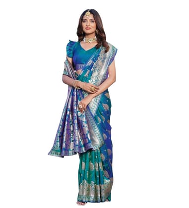 Generic Women's Jacquard Printed Saree with Unstitched Blouse Piece, Soft Lightweight 5.5 m Sari for Daily, Office and Wear (Royal-Teal, Design 67658)