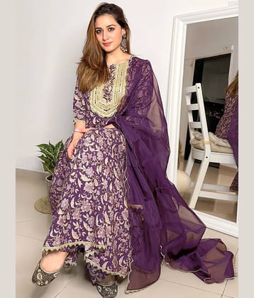 Janasya - Violet Anarkali Cotton Women's Stitched Salwar Suit ( Pack of 1 )