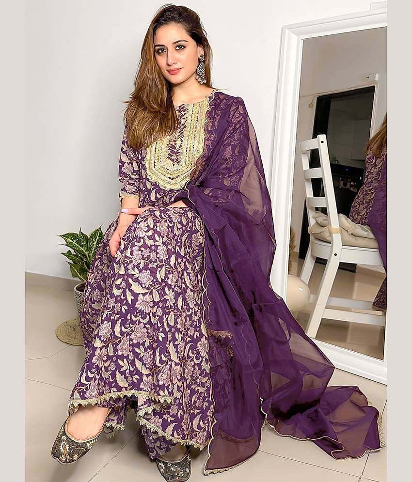 Janasya - Violet Anarkali Cotton Women's Stitched Salwar Suit ( Pack of 1 )