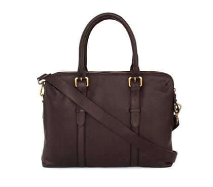 Dual Zip Laptop Bag Leather-DARK BROWN