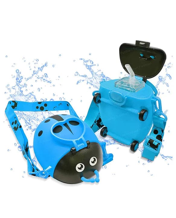 Spot Hunt Bug Shaped Water Bottle with Moving Wheels, Strap & Sipper Blue - 550 ml