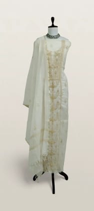 Chikankari Mul Chanderi Dress Material Ivory Gold Yoke Jaal