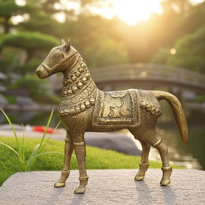 Antique Finish Brass Horse Statue | Handcrafted Brass Animal Showpiece, Height : 8.2 Inch (ANMAS075 C)