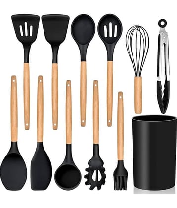 VBE Silicone Spatula Set 12 pcs Non-Stick Spatula Set with Wooden Handle for Cooking Baking and Mixing Non Stick Cookware Spatula Set with Holder - BLACK AND GREEN COLOR