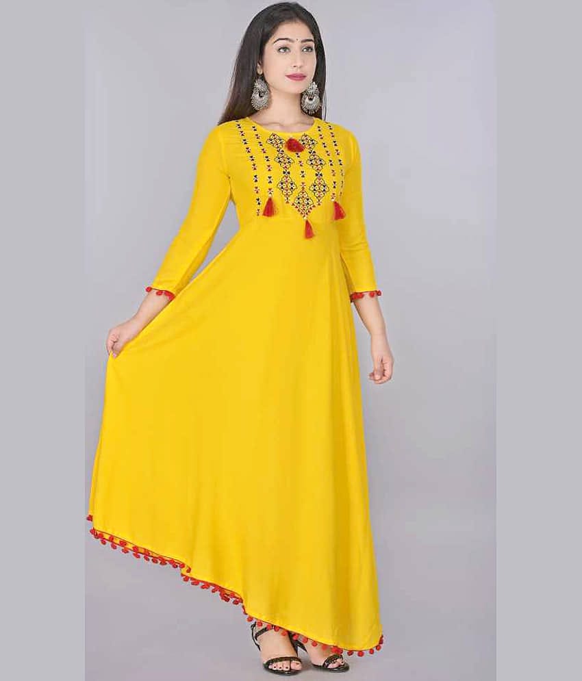SHREE JEE FABRICS Pack of 1 Rayon Embroidered Flared Women's Kurti - ( Yellow )