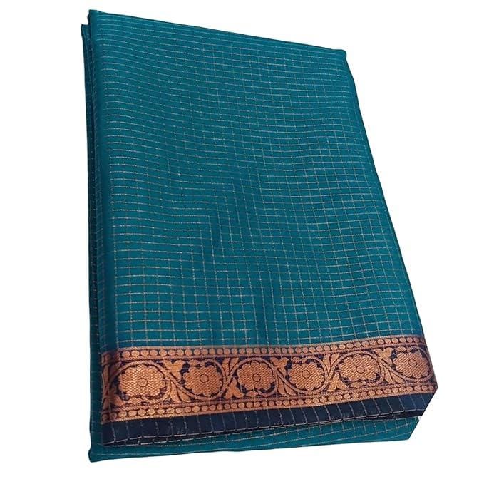 Traditional Teal cotton Saree with Gold Floral Border, Checkered Pattern