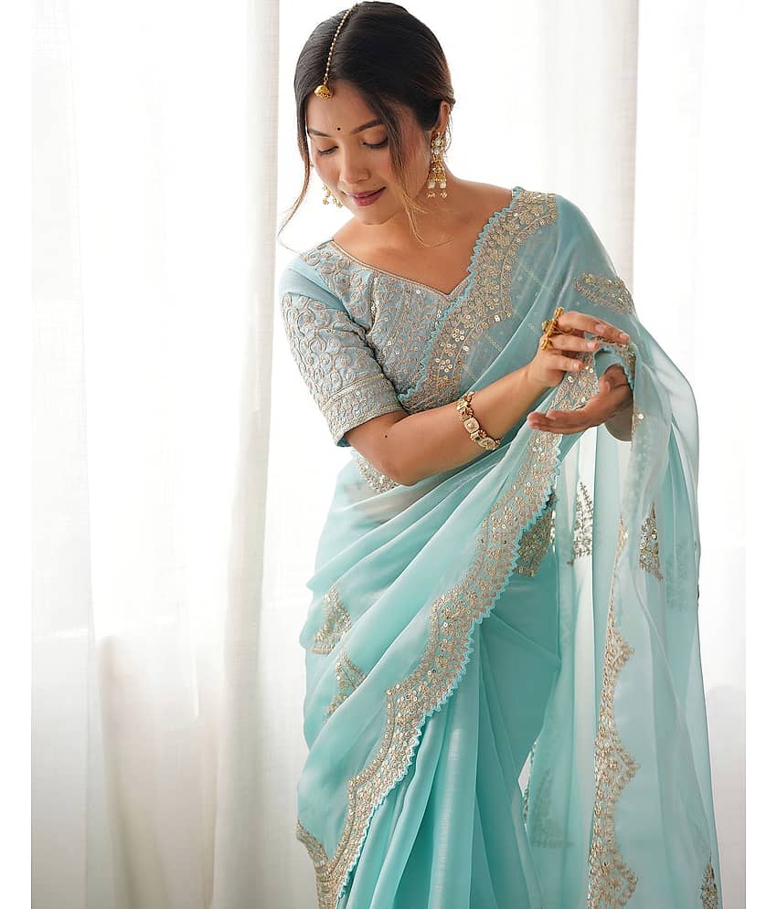 Samah Tissue Embroidered Regular Saree With Unstitched Blouse Piece ( Blue )