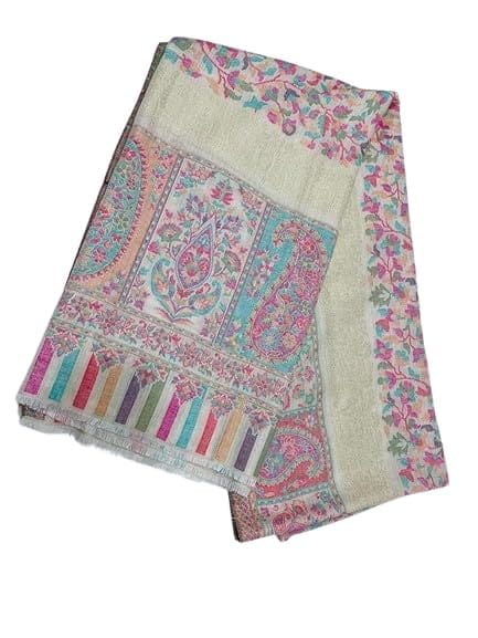 TULIP Traditional Artisians' Upliftment Livelihood Program Floral Pashmina Shawl, Pink and Turquoise Pattern, Striped Border, Cream Base