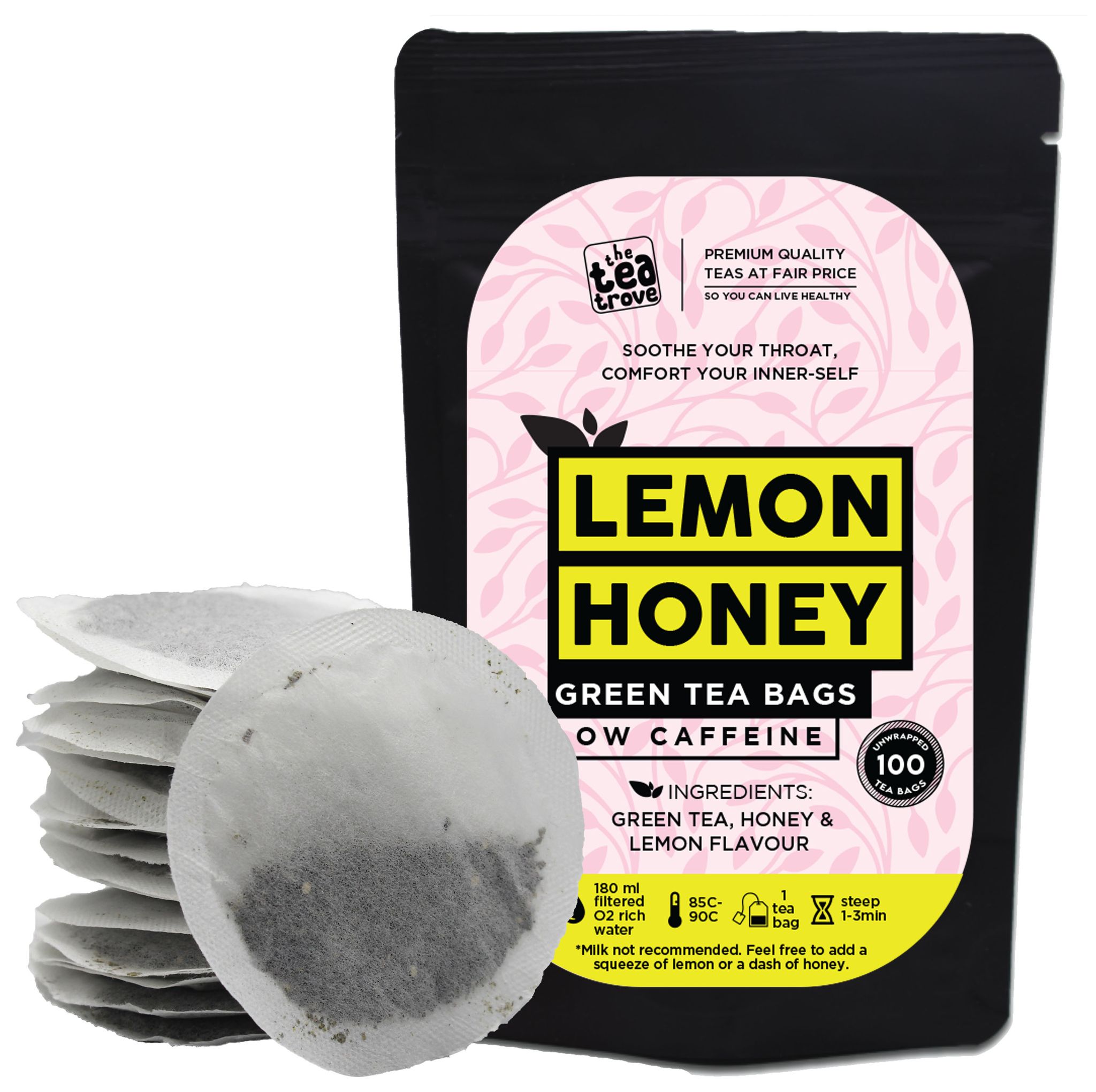 TheTeaTrove Honey Lemon Green Tea Bags 100 pcs - Eco-Friendly All Natural Honey Lemon Tea Bags 100 pcs in Resealable pouch - All in one Green Tea Lemon and Honey tea bags 100 pieces