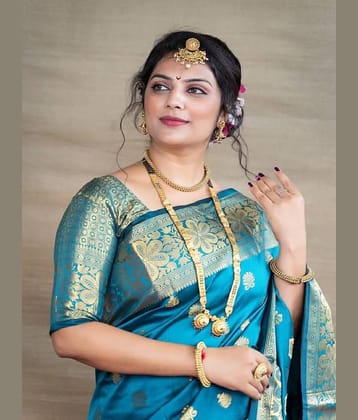 fab woven Art Silk Woven Kanjeevaram Sarees With Unstitched Blouse Piece ( Turquoise )
