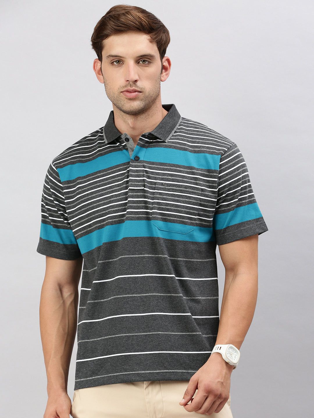 Classic Polo Men's Half Sleeve Charcoal Black/White Polo Neck Authentic Fit Striped T-Shirt | MEL - 258 B AF P
