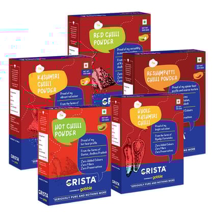 CRISTA Chilli Combo Pack (Kashmiri Chilli Powder 500 gm, Reshampatti Powder 500 gm, Red Chilli Powder 500 gm, Whole Kashmiri Chilli 100 gm & Hot Chilli Powder, 100 gm) - Pack of 5 CRISTA Chilli Combo Pack (Kashmiri Chilli Powder 500 gm, Reshampatti Powder 500 gm, Red Chilli Powder 500 gm, Whole Kashmiri Chilli 100 gm & Hot Chilli Powder, 100 gm) - Pack of 5