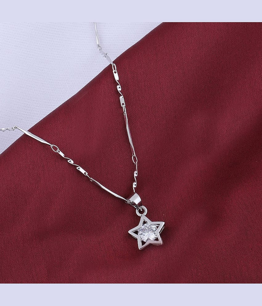 Silver Plated Chain With Solitaire Diamond In Star Shape Pendant  For Women