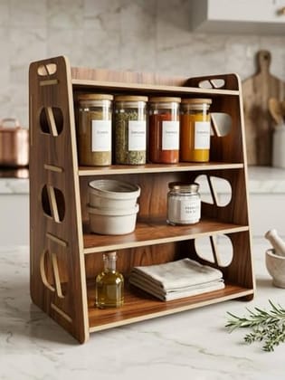 Wooden Spice Rack with 4 Shelves, Countertop and Wall-Mounted Kitchen Organiser, 53x38x23 cm