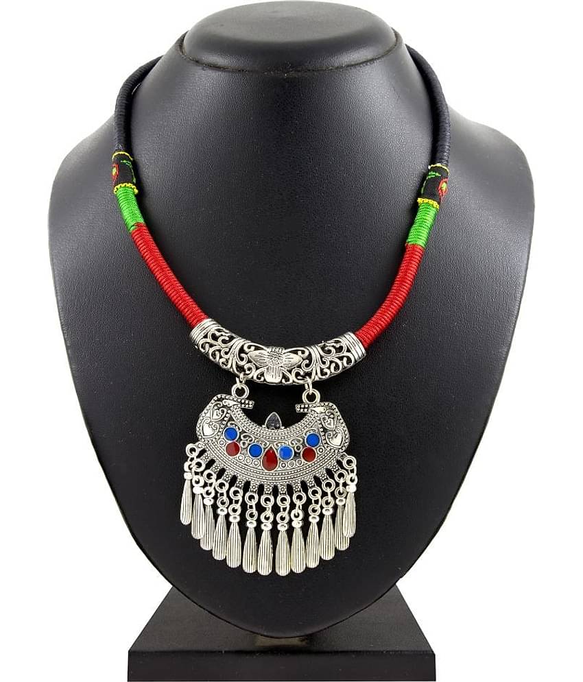 The Jewelbox Tribal Tibetan Oxidised German Silver Enamel Filigree Red Green Cotton Thread Necklace For Girl Women