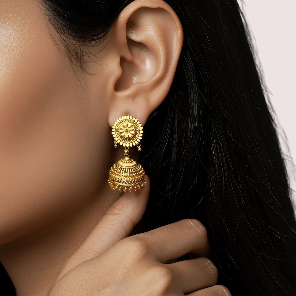 Classic Gold Jhumka Earrings with Floral Motif - Earrings | Buy online on ZillyBuy