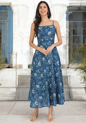 Indigo Blue Cotton Long Dress for Women-S