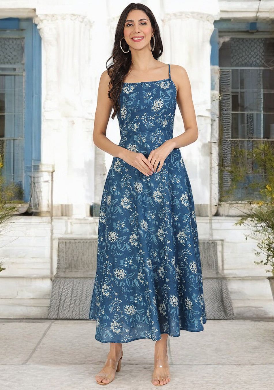 Indigo Blue Cotton Long Dress for Women-S